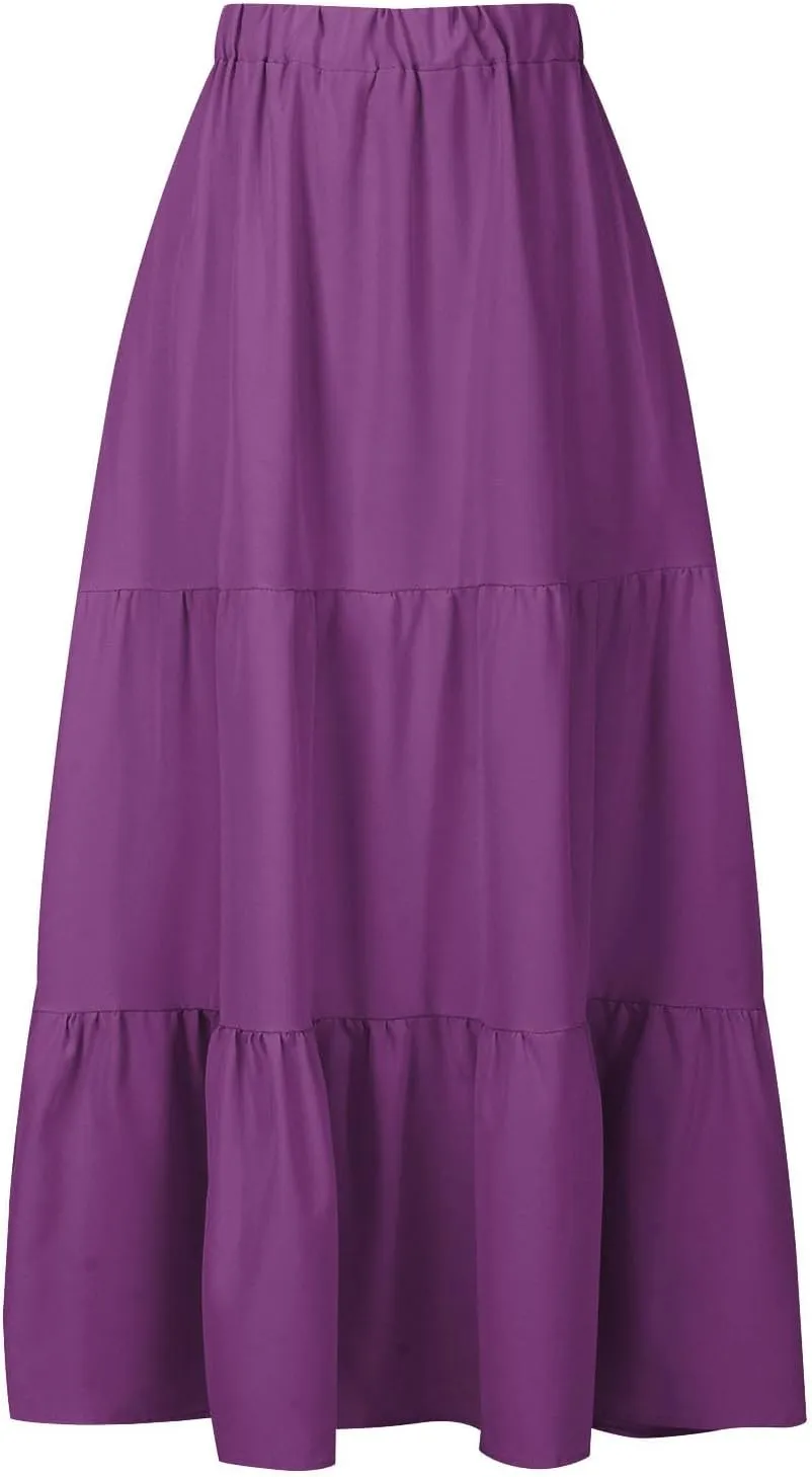 hlysgo Long Skirts for Women Casual Ruffle Tiered Skirts Trendy Boho Solid Flowy Swing Maxi Skirt with Pockets