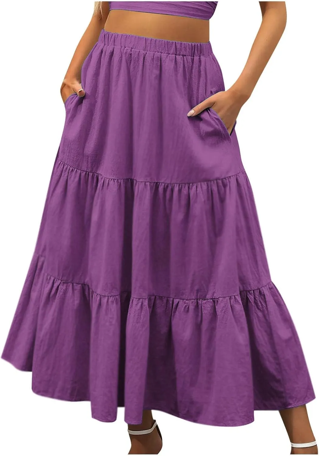 hlysgo Long Skirts for Women Casual Ruffle Tiered Skirts Trendy Boho Solid Flowy Swing Maxi Skirt with Pockets