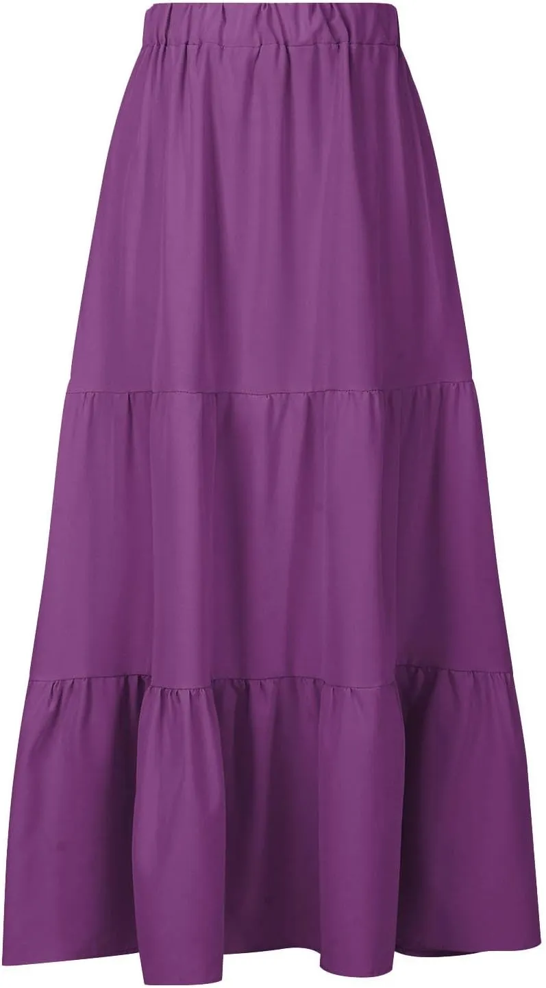 hlysgo Long Skirts for Women Casual Ruffle Tiered Skirts Trendy Boho Solid Flowy Swing Maxi Skirt with Pockets
