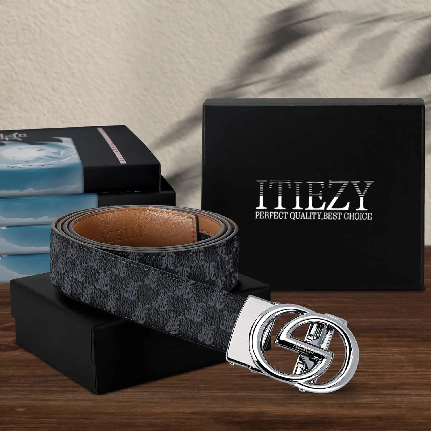 ITIEZY Ratchet Belts for Men - Leather Click Belt for Casual Dress 1 3/8", Mens Adjustable Belt Trim to Fit