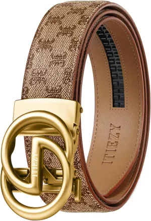 ITIEZY Ratchet Belts for Men - Leather Click Belt for Casual Dress 1 3/8", Mens Adjustable Belt Trim to Fit