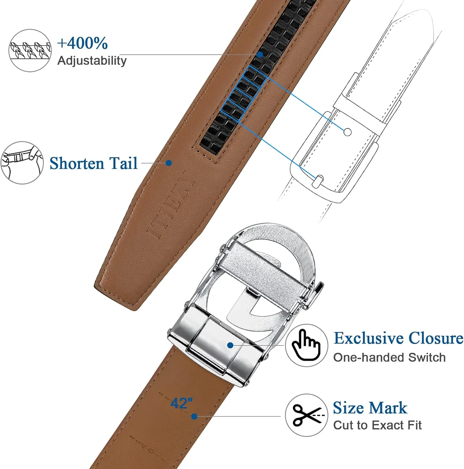 ITIEZY Ratchet Belts for Men - Leather Click Belt for Casual Dress 1 3/8", Mens Adjustable Belt Trim to Fit