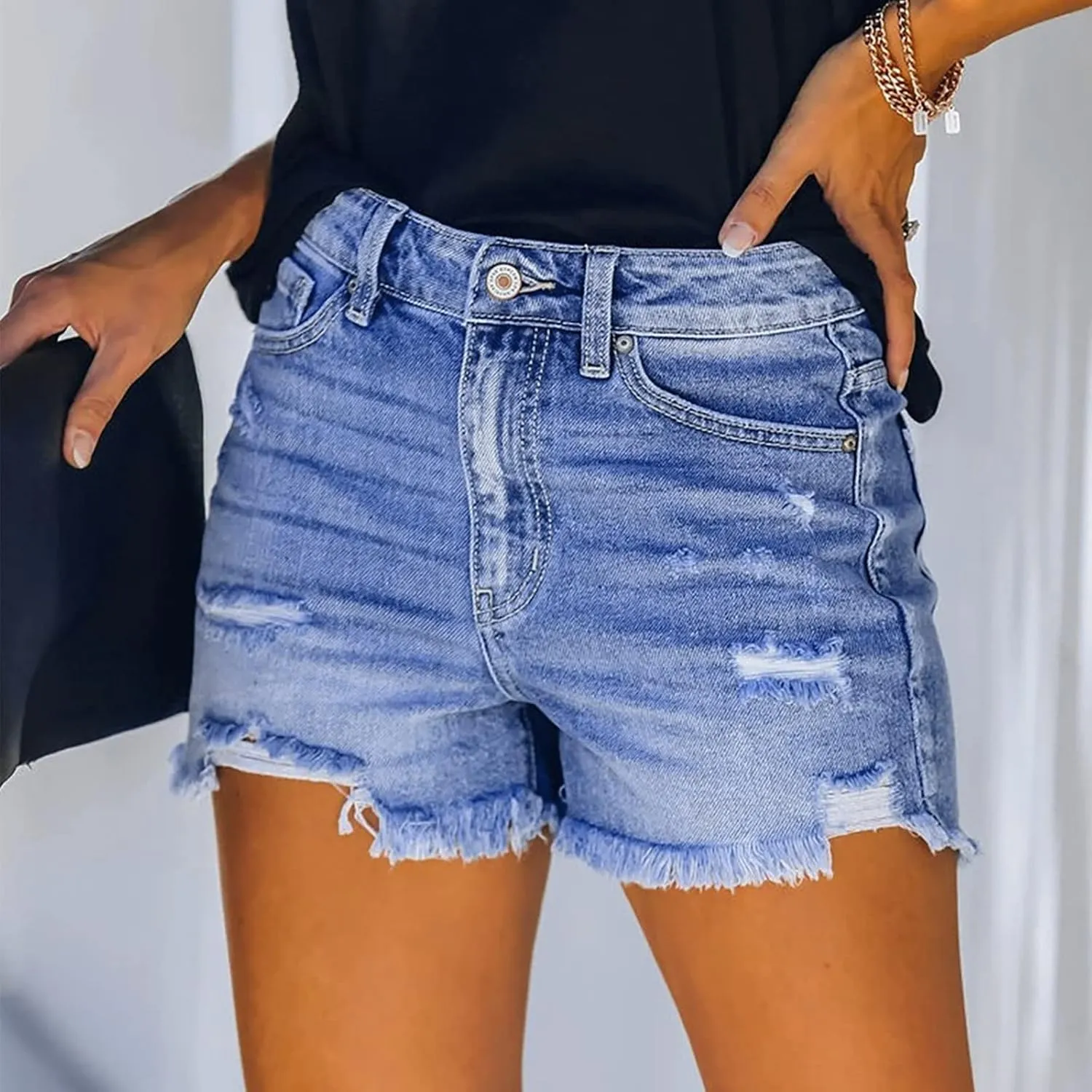 Jean Shorts Womens High Waisted Stretchy Casual Distressed Ripped Raw Hem Denim Shorts Summer Hot Pants with Pockets