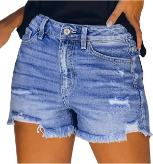 Jean Shorts Womens High Waisted Stretchy Casual Distressed Ripped Raw Hem Denim Shorts Summer Hot Pants with Pockets