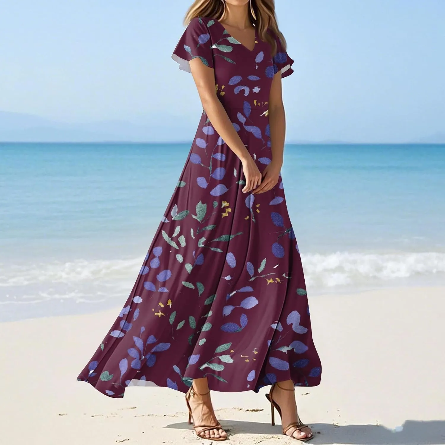 JJHAEVDY Summer Dresses for Women Loose Short Sleeve Dress V Neck Casual Maxi Dress Print Flowy Swing Beach Vacation Dress