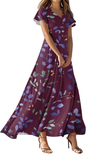 JJHAEVDY Summer Dresses for Women Loose Short Sleeve Dress V Neck Casual Maxi Dress Print Flowy Swing Beach Vacation Dress