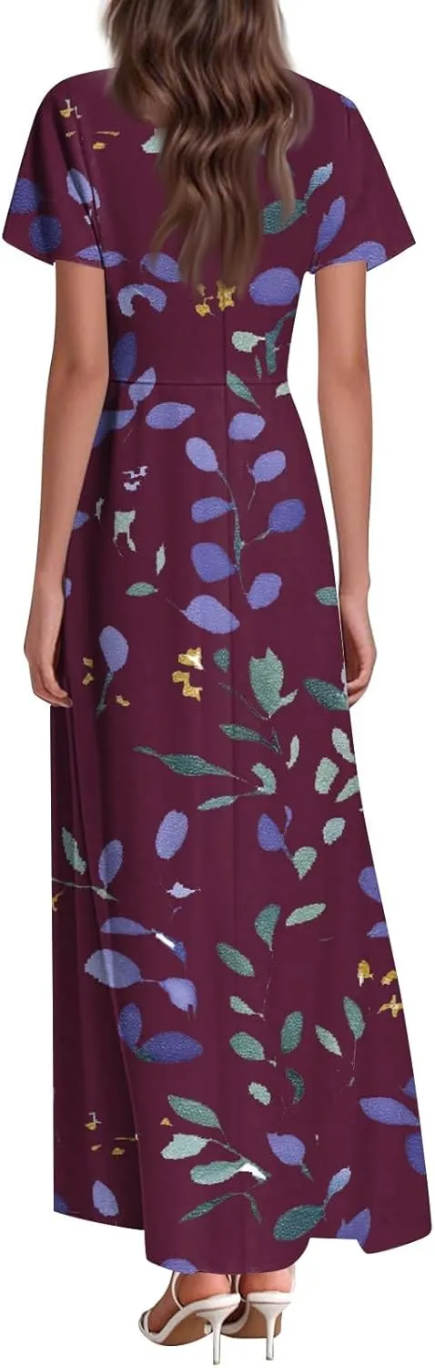 JJHAEVDY Summer Dresses for Women Loose Short Sleeve Dress V Neck Casual Maxi Dress Print Flowy Swing Beach Vacation Dress