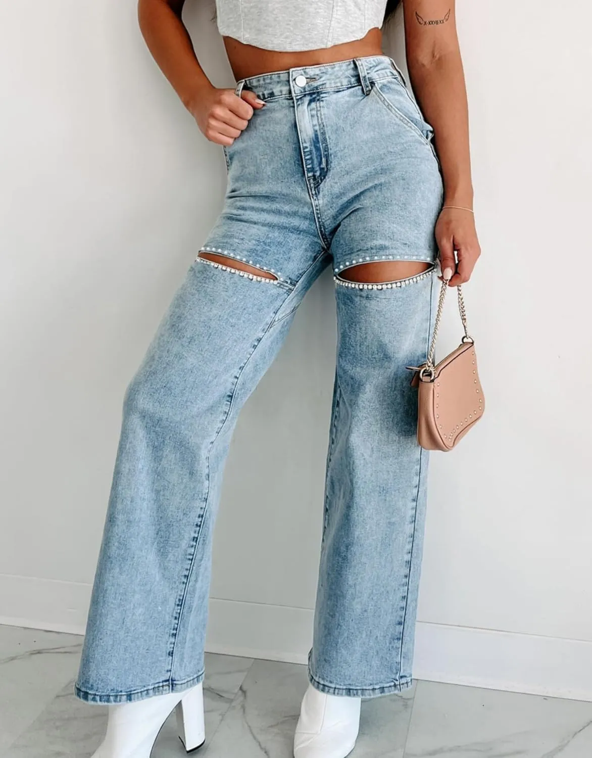 Kedera Women High Waist Denim Jeans Rhinestone Trim Bling Jeans Plus Size Denim Pants