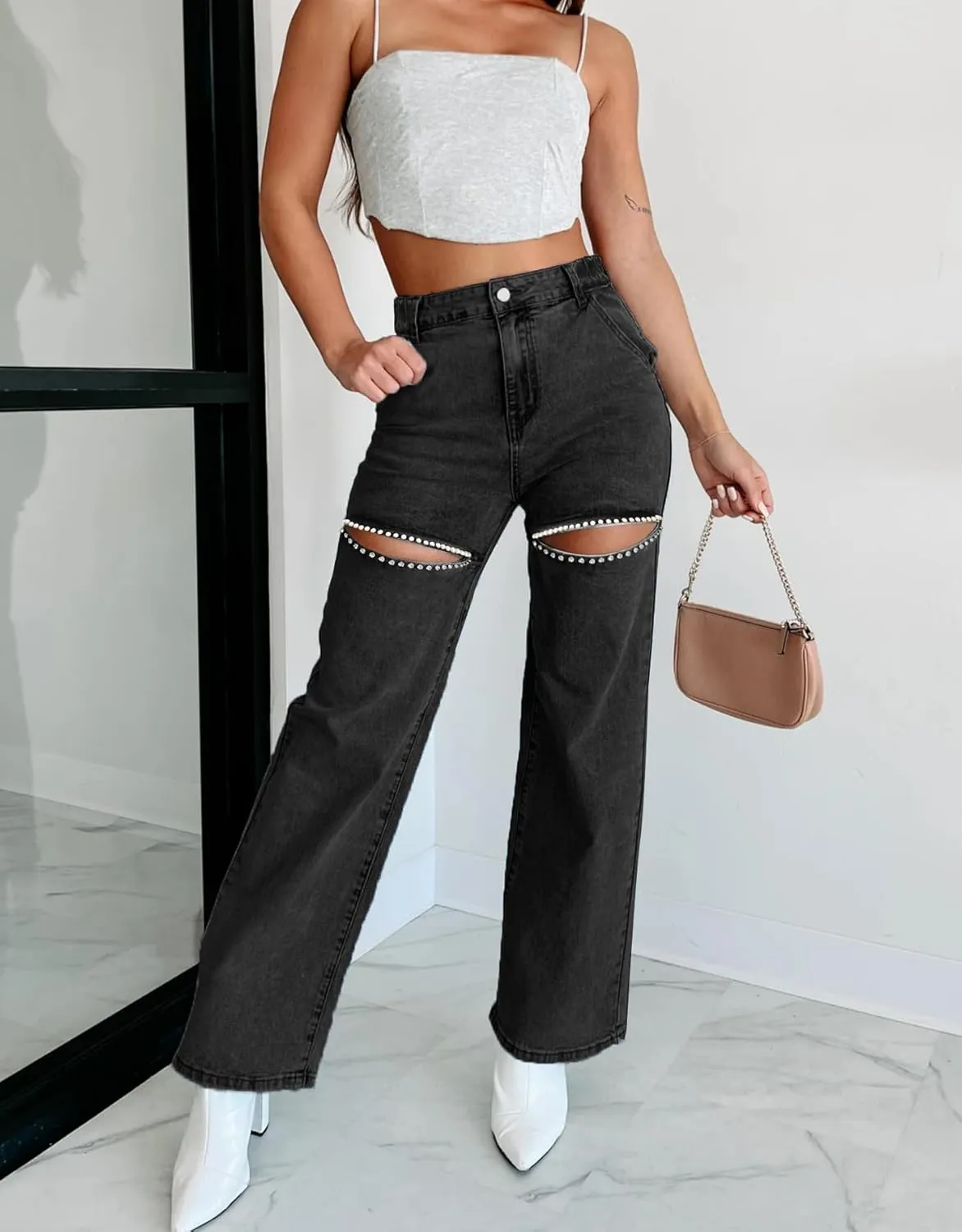 Kedera Women High Waist Denim Jeans Rhinestone Trim Bling Jeans Plus Size Denim Pants