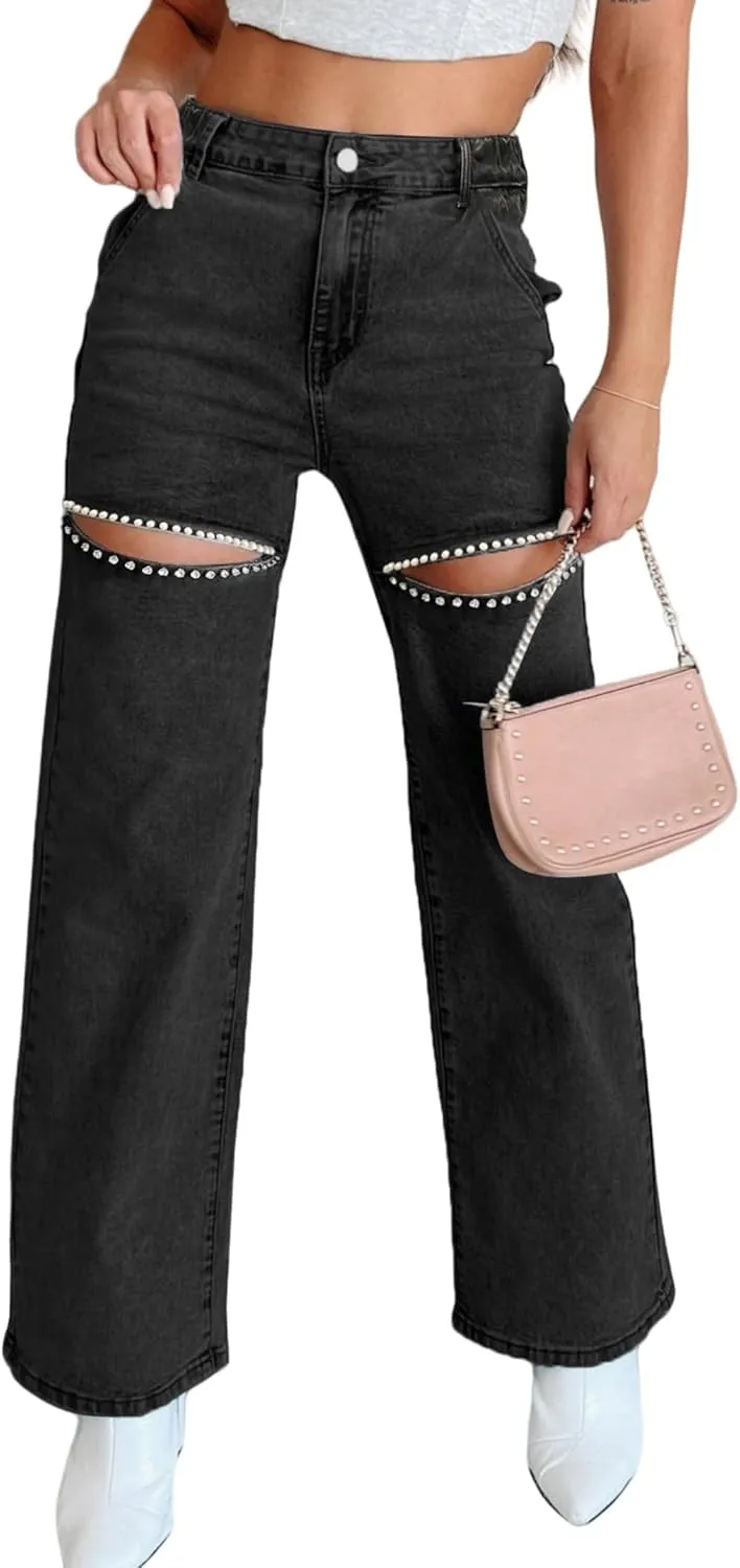 Kedera Women High Waist Denim Jeans Rhinestone Trim Bling Jeans Plus Size Denim Pants