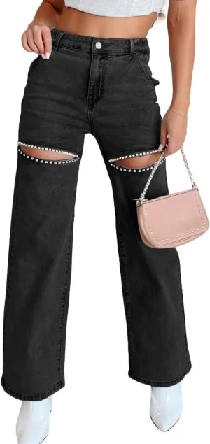 Kedera Women High Waist Denim Jeans Rhinestone Trim Bling Jeans Plus Size Denim Pants