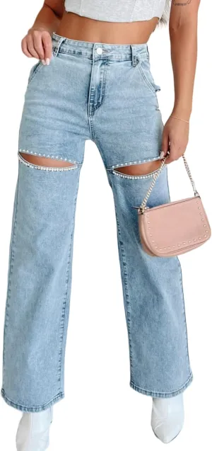 Kedera Women High Waist Denim Jeans Rhinestone Trim Bling Jeans Plus Size Denim Pants