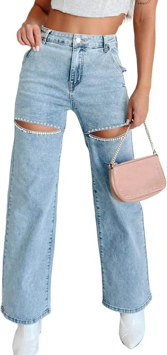 Kedera Women High Waist Denim Jeans Rhinestone Trim Bling Jeans Plus Size Denim Pants