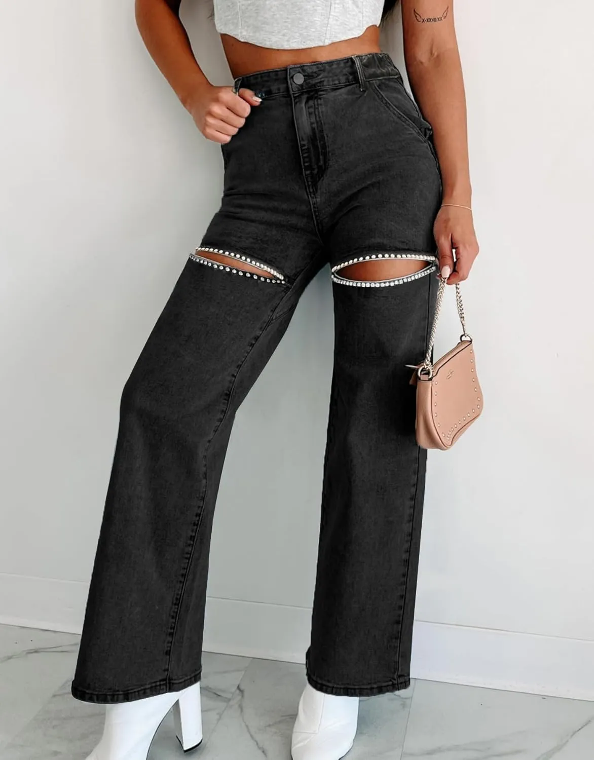 Kedera Women High Waist Denim Jeans Rhinestone Trim Bling Jeans Plus Size Denim Pants