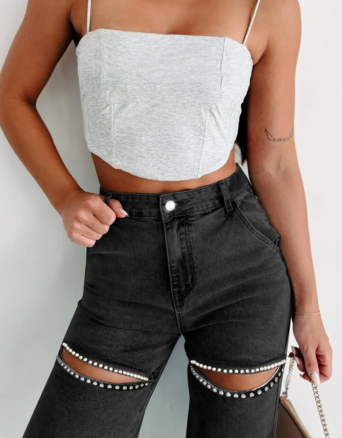 Kedera Women High Waist Denim Jeans Rhinestone Trim Bling Jeans Plus Size Denim Pants