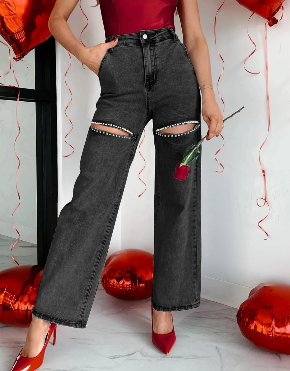 Kedera Women High Waist Denim Jeans Rhinestone Trim Bling Jeans Plus Size Denim Pants