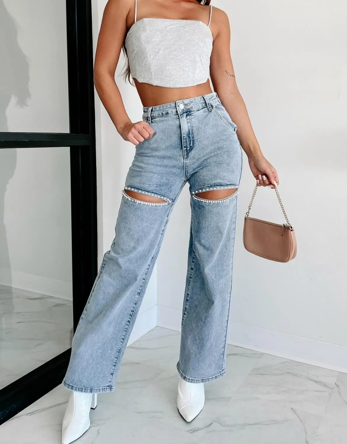 Kedera Women High Waist Denim Jeans Rhinestone Trim Bling Jeans Plus Size Denim Pants