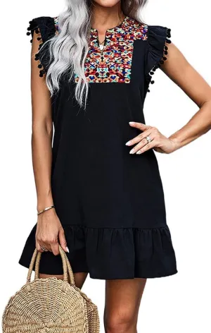 KYLASIEN Women's V Neck Floral Embroidered Pompom Ruffle Shoulder Swing Shift Dress Summer Casual Boho Mini Dress Black