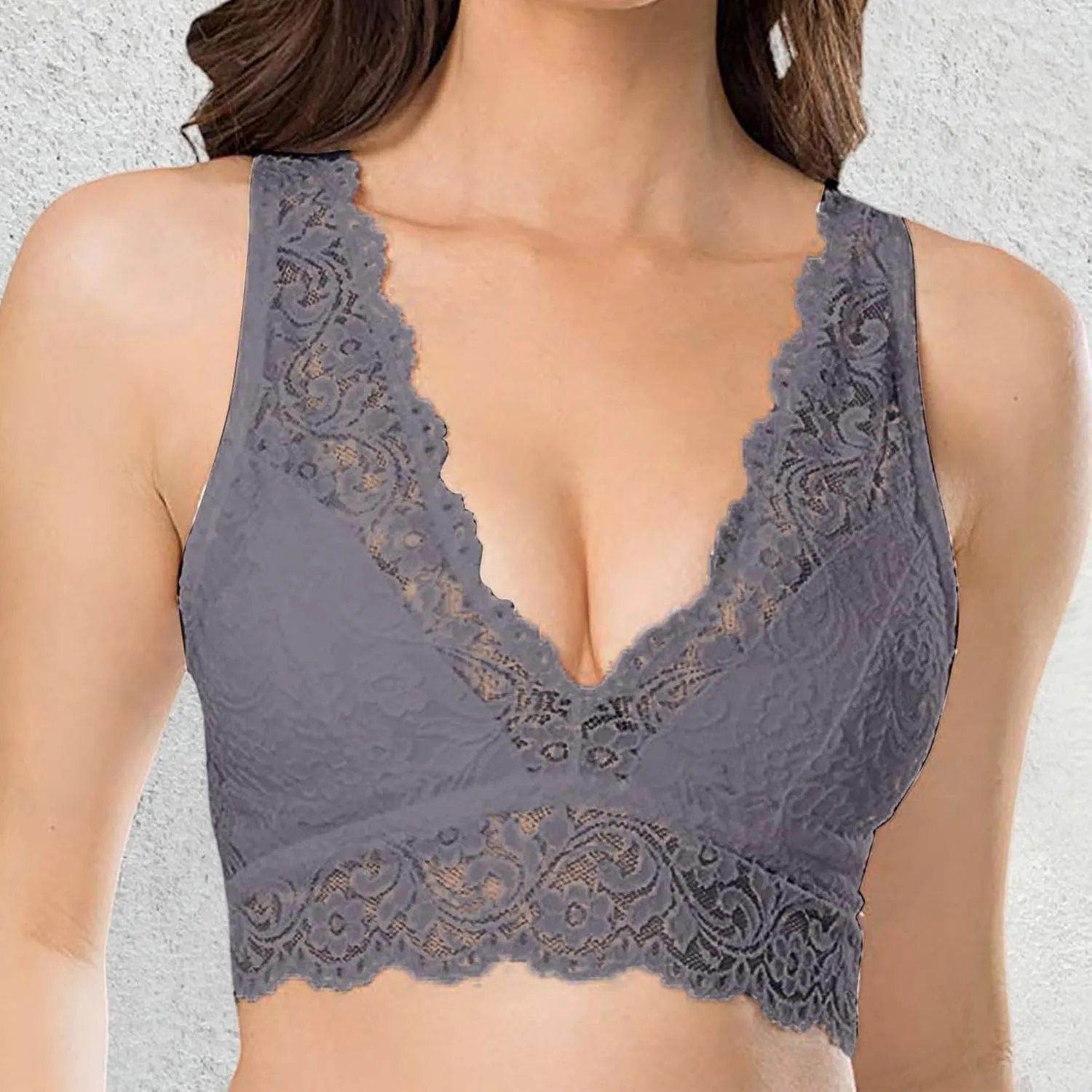 Lace Bralette for Women Plus Size Full Coverage Bras V Wirefree Plunge Bra Padded Bralette Comfortable Everyday Bra