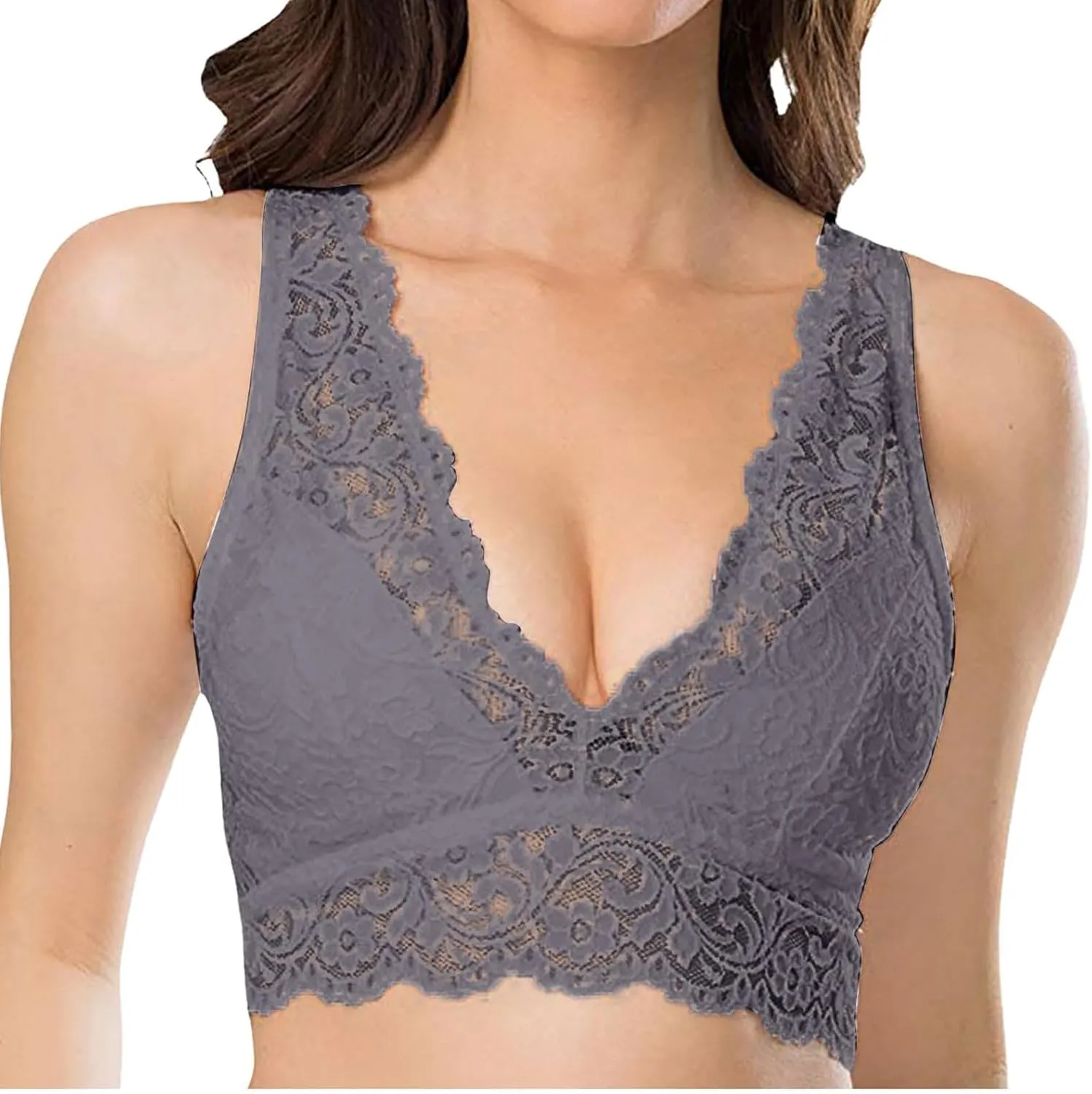 Lace Bralette for Women Plus Size Full Coverage Bras V Wirefree Plunge Bra Padded Bralette Comfortable Everyday Bra