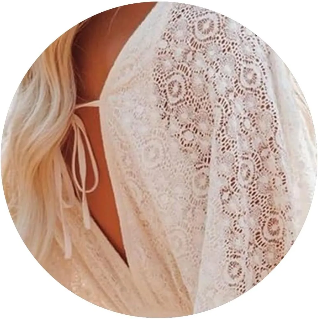 Lace Dresses for Women Crochet Romper Dress Batwing Sleeve Ruffle Hem Midi Dresses Elegant V Neck Summer Tunic Dress