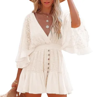 Lace Dresses for Women Crochet Romper Dress Batwing Sleeve Ruffle Hem Midi Dresses Elegant V Neck Summer Tunic Dress