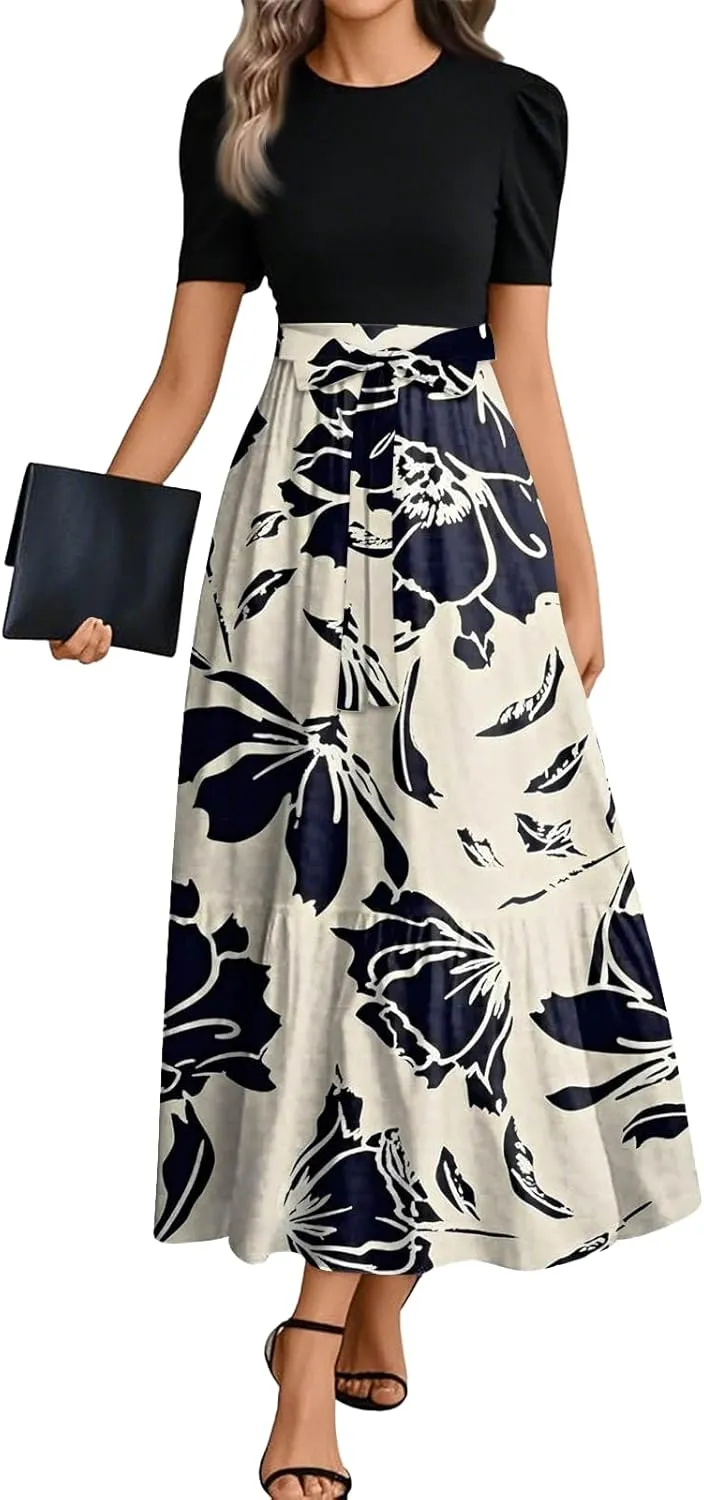 lcyhony Maxi Dresses for Women 2025 Casual Patchwork Tie Puff Sleeve Dress Summer Modest Elegant Church Wedding Guest Dresses