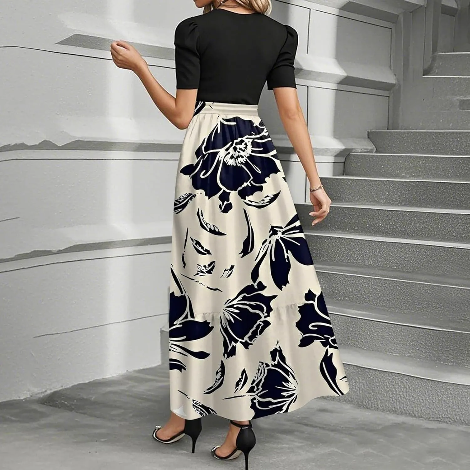 lcyhony Maxi Dresses for Women 2025 Casual Patchwork Tie Puff Sleeve Dress Summer Modest Elegant Church Wedding Guest Dresses