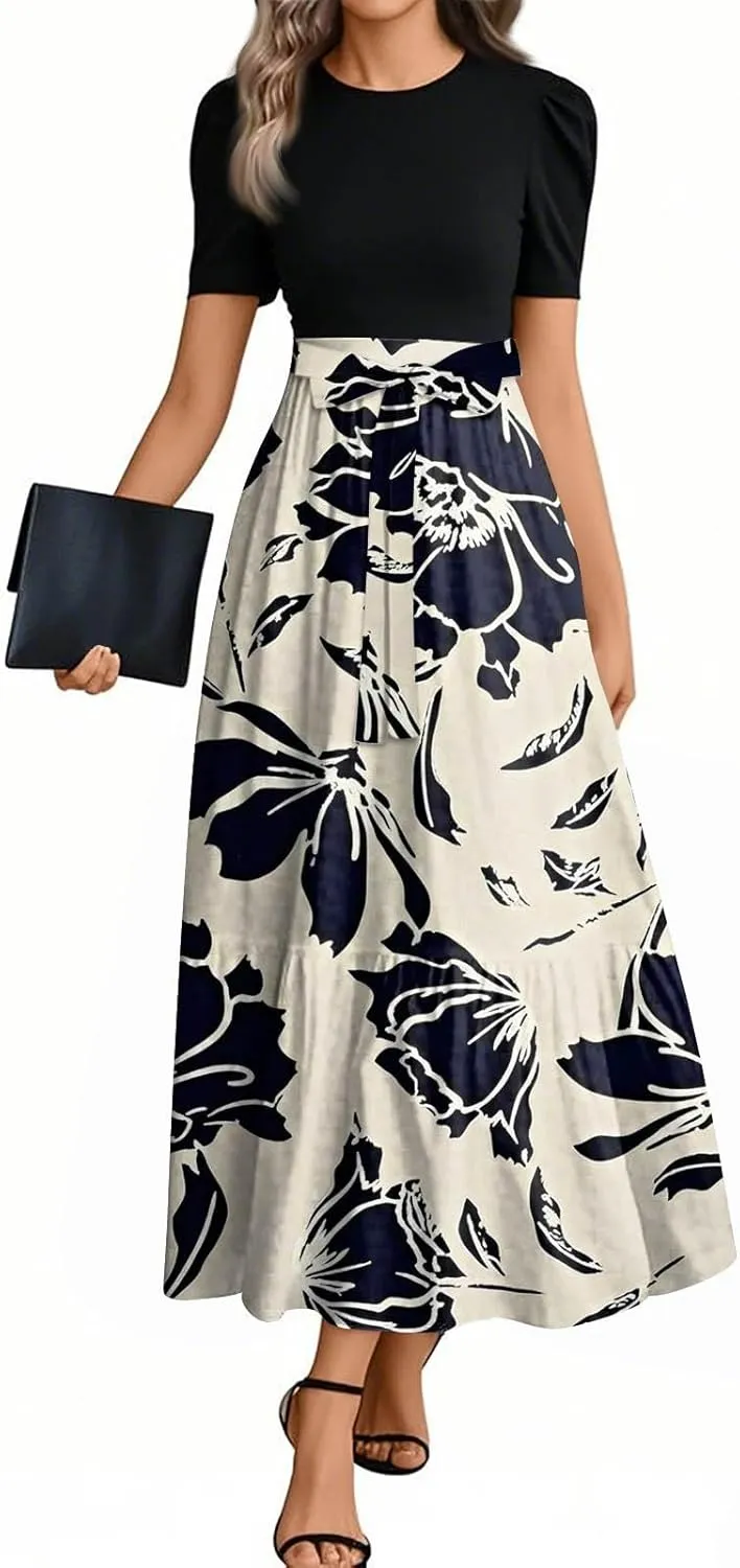 lcyhony Maxi Dresses for Women 2025 Casual Patchwork Tie Puff Sleeve Dress Summer Modest Elegant Church Wedding Guest Dresses