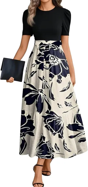 lcyhony Maxi Dresses for Women 2025 Casual Patchwork Tie Puff Sleeve Dress Summer Modest Elegant Church Wedding Guest Dresses