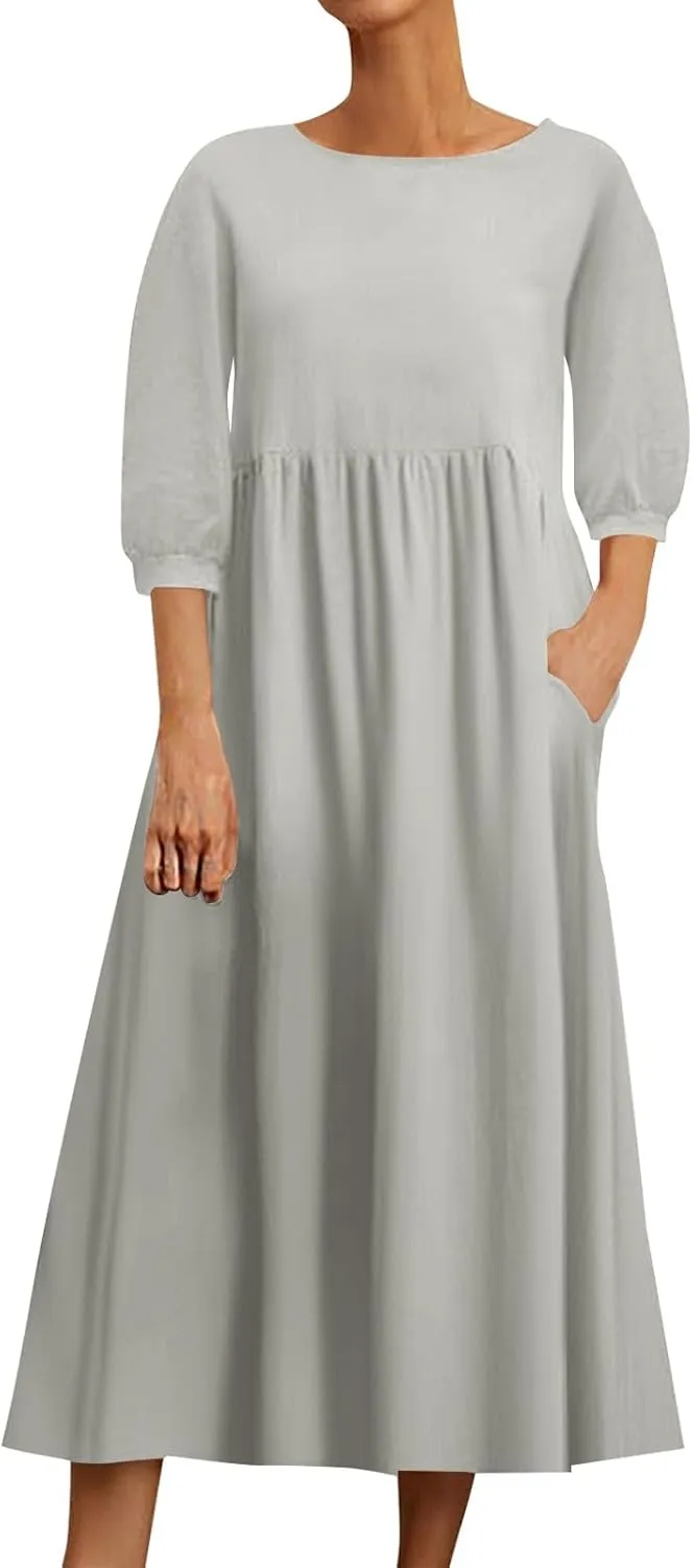 Linen 3/4 Sleeve Dress for Women Crewneck Loose Summer Dress with Pockets Boho Smocked Flowy Hem Midi T Shirt Dress