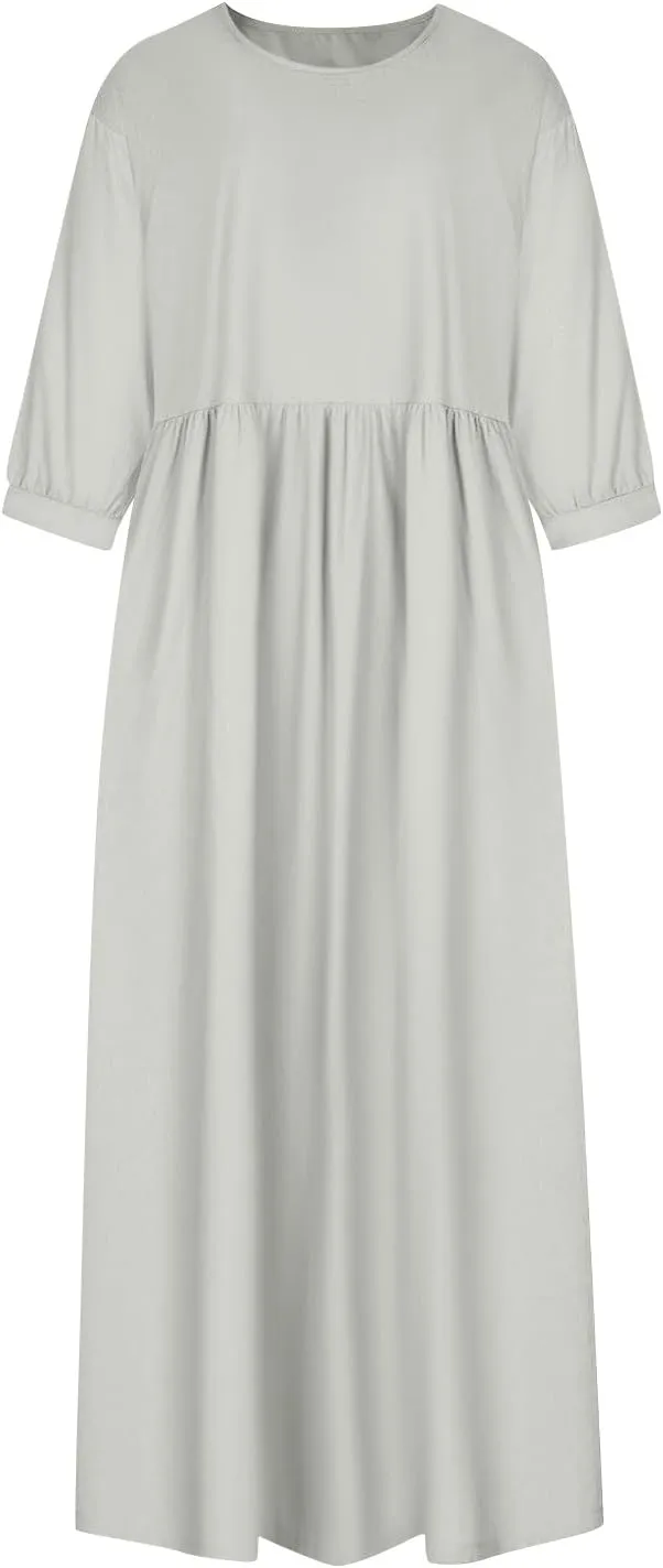 Linen 3/4 Sleeve Dress for Women Crewneck Loose Summer Dress with Pockets Boho Smocked Flowy Hem Midi T Shirt Dress