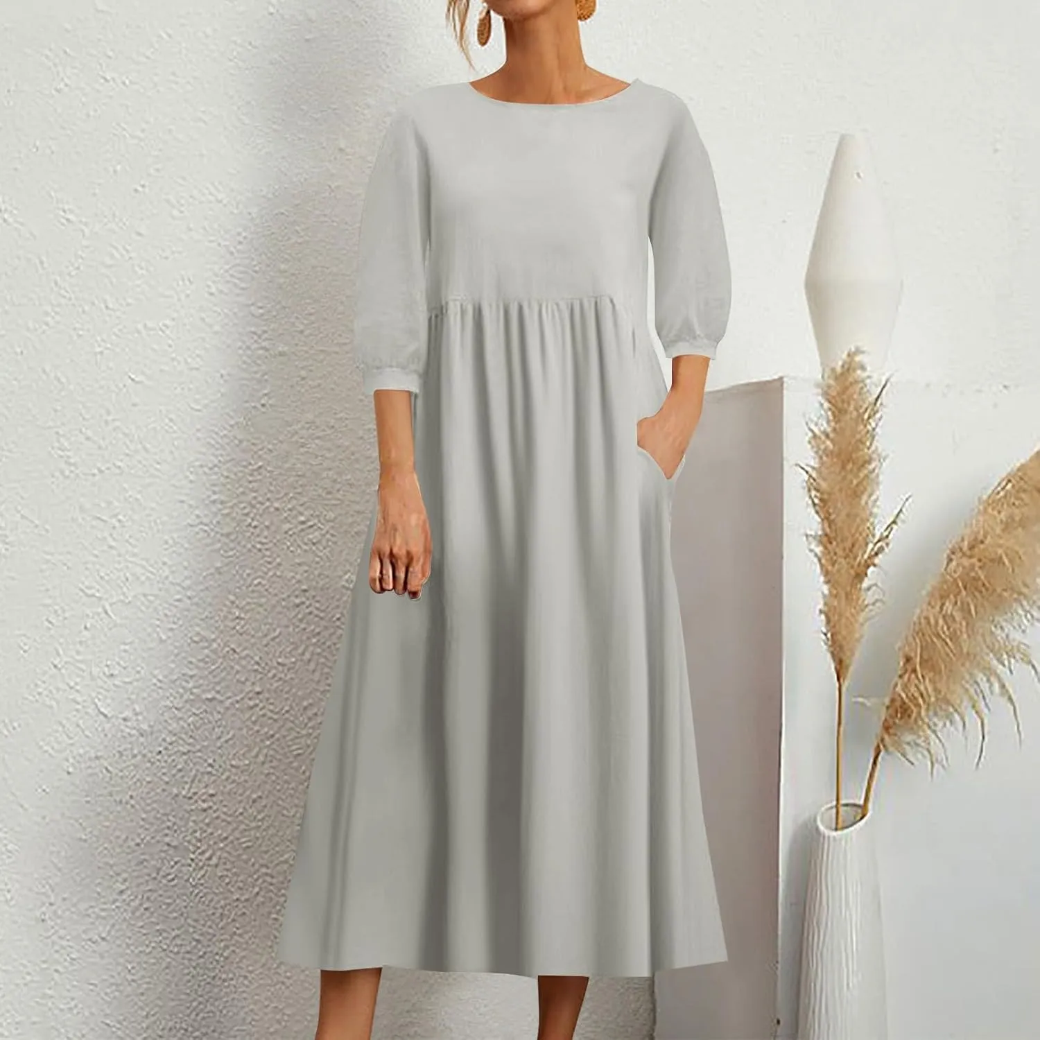 Linen 3/4 Sleeve Dress for Women Crewneck Loose Summer Dress with Pockets Boho Smocked Flowy Hem Midi T Shirt Dress