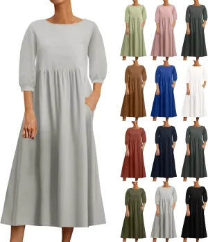 Linen 3/4 Sleeve Dress for Women Crewneck Loose Summer Dress with Pockets Boho Smocked Flowy Hem Midi T Shirt Dress