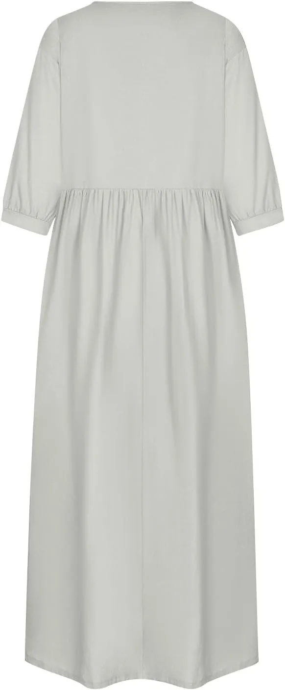 Linen 3/4 Sleeve Dress for Women Crewneck Loose Summer Dress with Pockets Boho Smocked Flowy Hem Midi T Shirt Dress