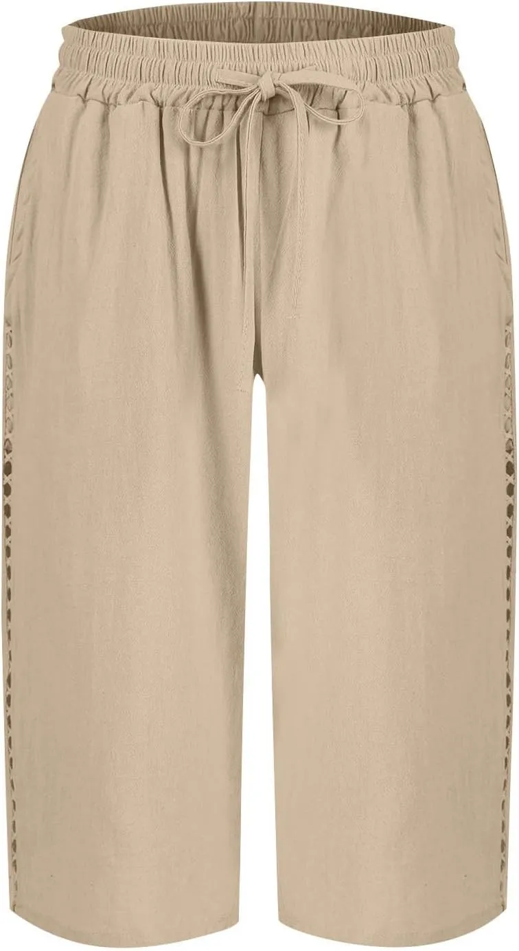 Linen Bermuda Shorts for Women Knee Length Drawstring Shorts High Waisted Long Shorts Casual Beach Shorts w/Pockets