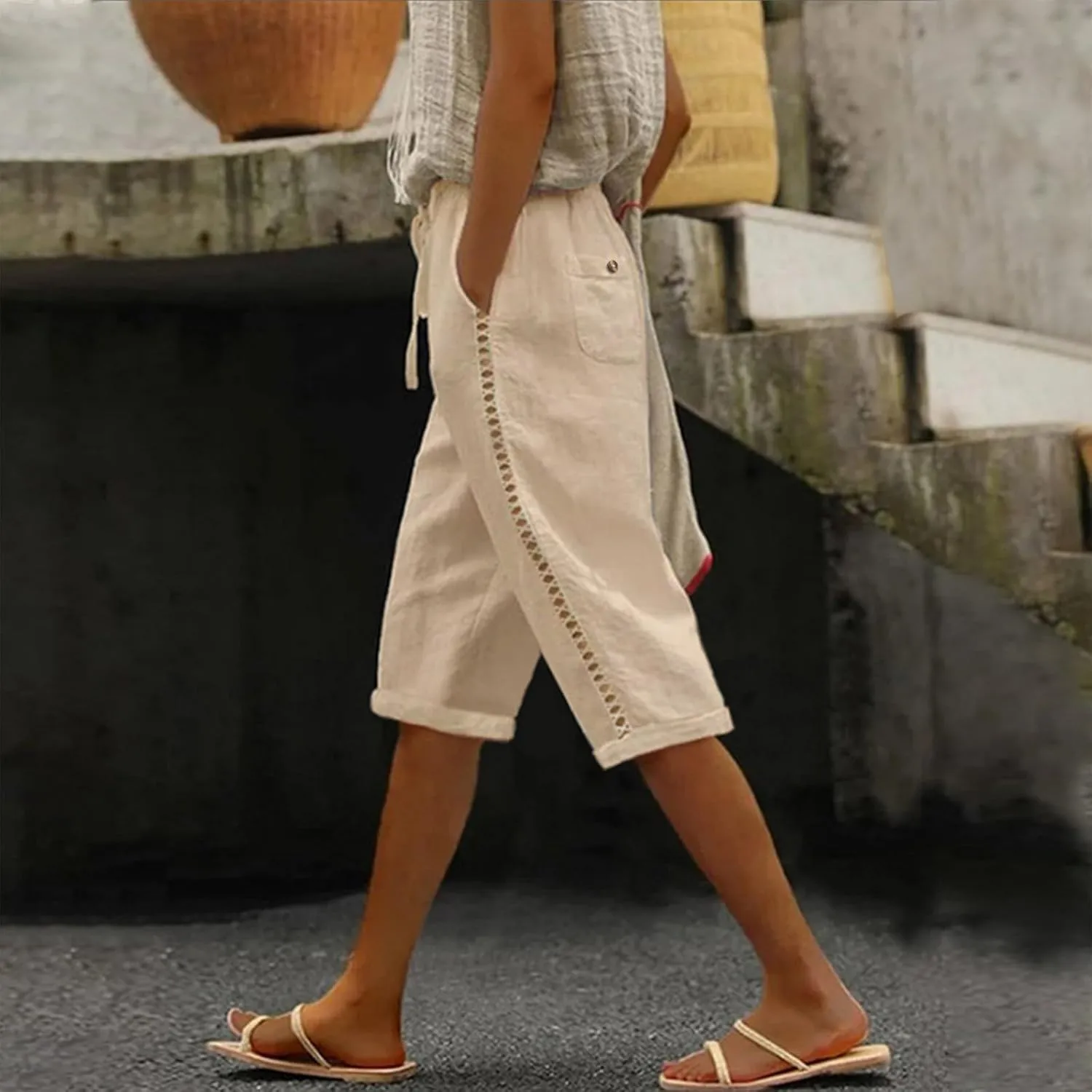 Linen Bermuda Shorts for Women Knee Length Drawstring Shorts High Waisted Long Shorts Casual Beach Shorts w/Pockets