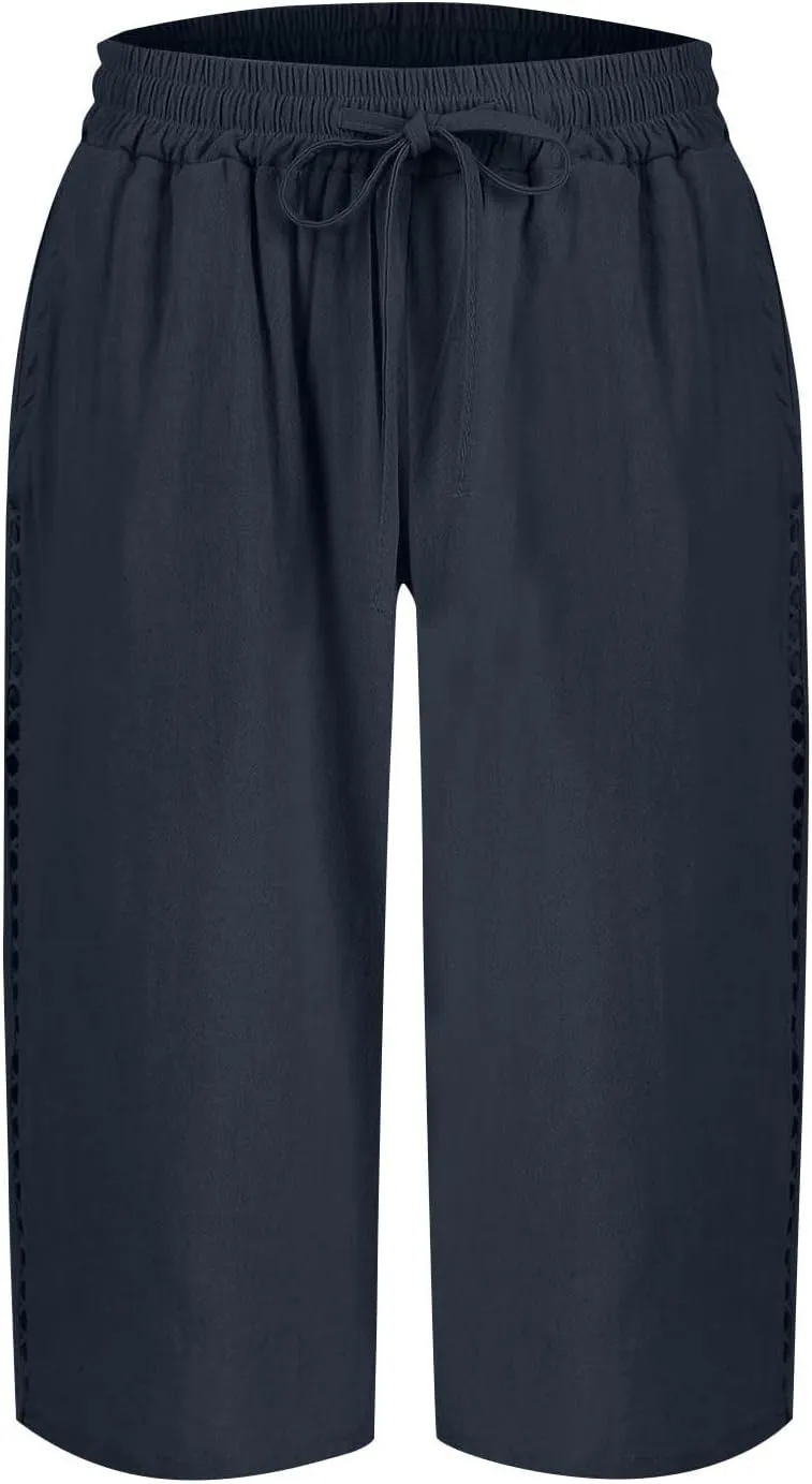 Linen Bermuda Shorts for Women Knee Length Drawstring Shorts High Waisted Long Shorts Casual Beach Shorts w/Pockets