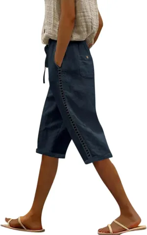 Linen Bermuda Shorts for Women Knee Length Drawstring Shorts High Waisted Long Shorts Casual Beach Shorts w/Pockets