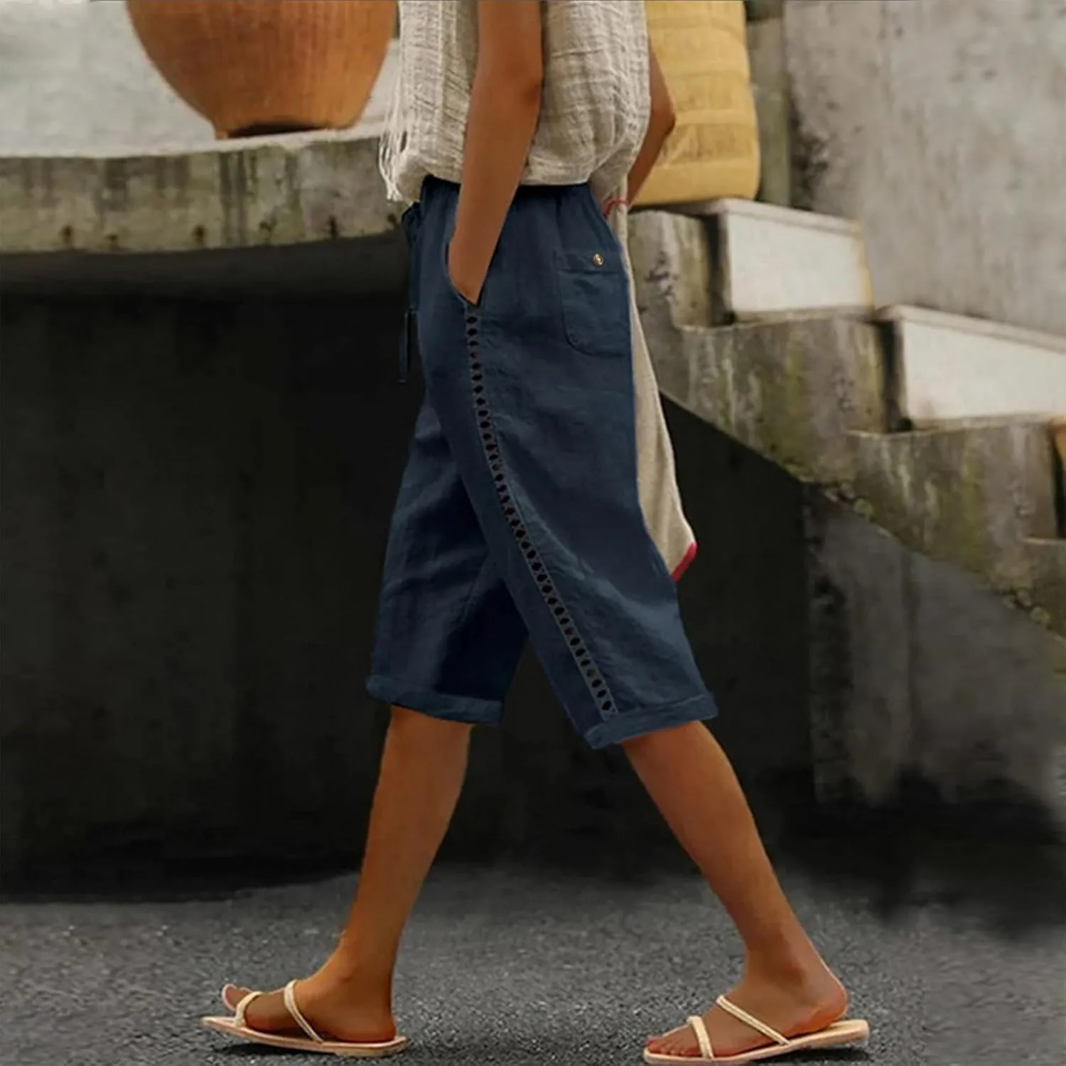 Linen Bermuda Shorts for Women Knee Length Drawstring Shorts High Waisted Long Shorts Casual Beach Shorts w/Pockets