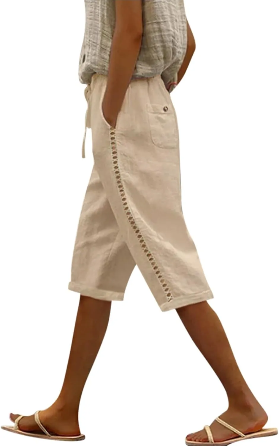 Linen Bermuda Shorts for Women Knee Length Drawstring Shorts High Waisted Long Shorts Casual Beach Shorts w/Pockets
