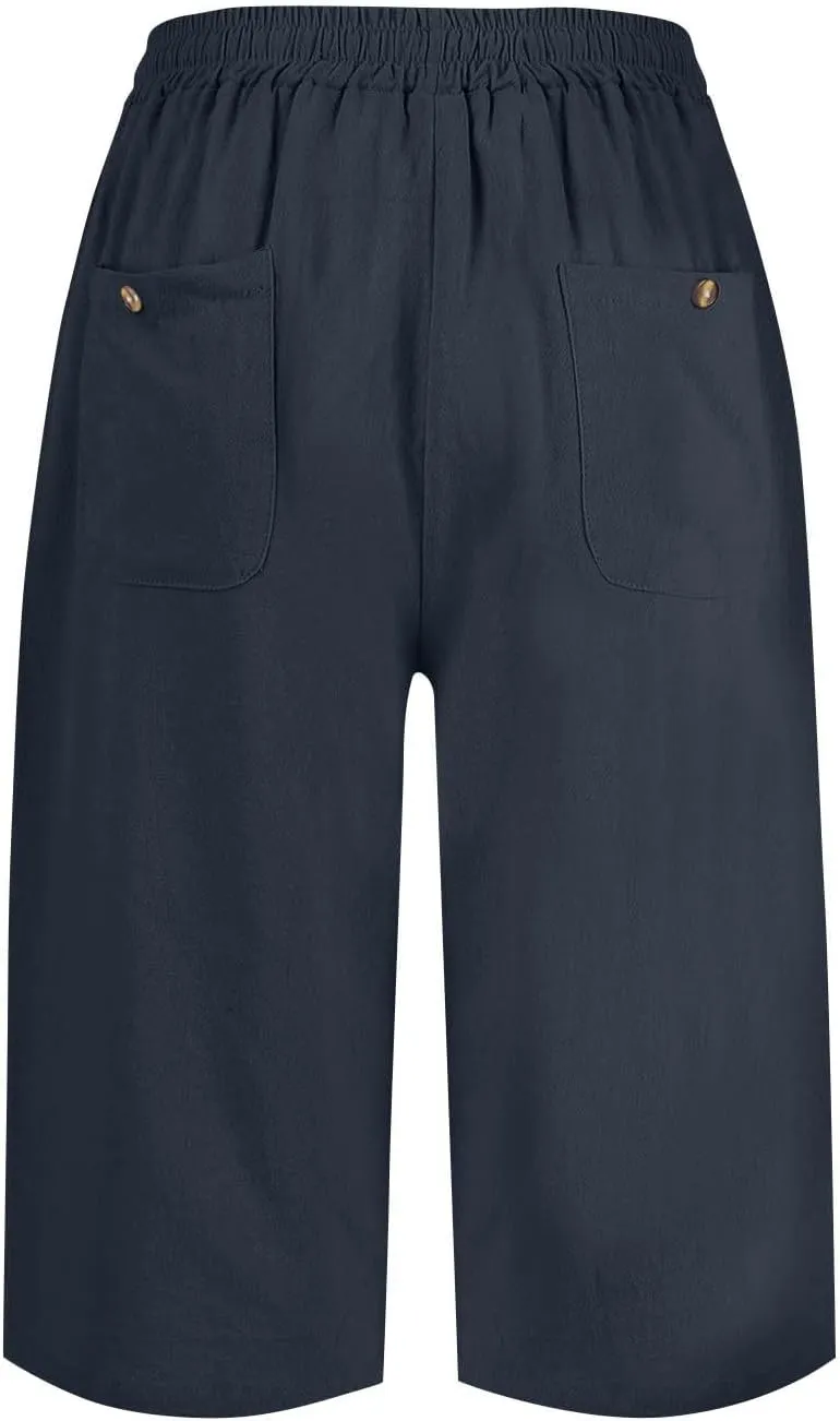 Linen Bermuda Shorts for Women Knee Length Drawstring Shorts High Waisted Long Shorts Casual Beach Shorts w/Pockets