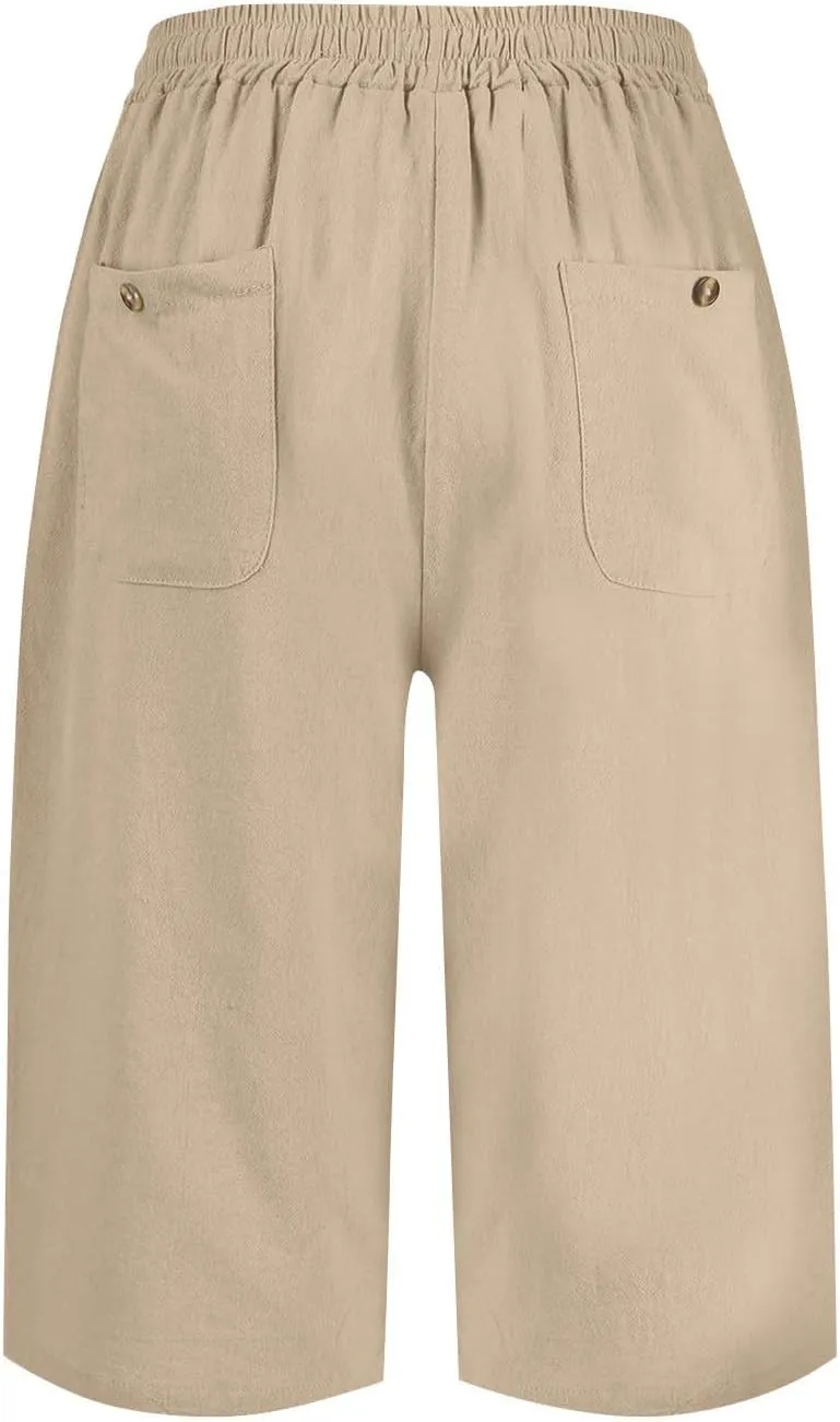 Linen Bermuda Shorts for Women Knee Length Drawstring Shorts High Waisted Long Shorts Casual Beach Shorts w/Pockets