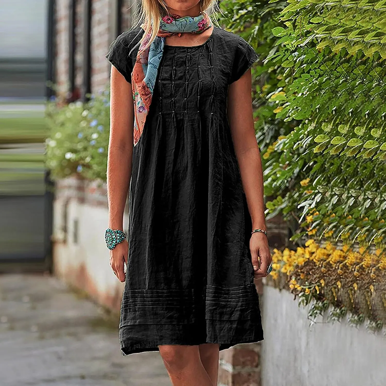 Linen Dress for Women Summer Pleated a Line Travel Sundress Crewneck Short Sleeve Dresses Vacation Casual Dress 2025