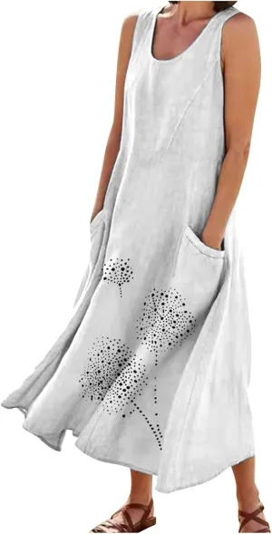 Linen Dresses for Women Summer Sleeveless Maxi Dresses Dressy Casual Crewneck Sun Dresses Trendy Summer Beach Outfits