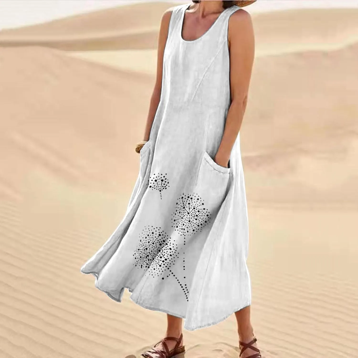 Linen Dresses for Women Summer Sleeveless Maxi Dresses Dressy Casual Crewneck Sun Dresses Trendy Summer Beach Outfits