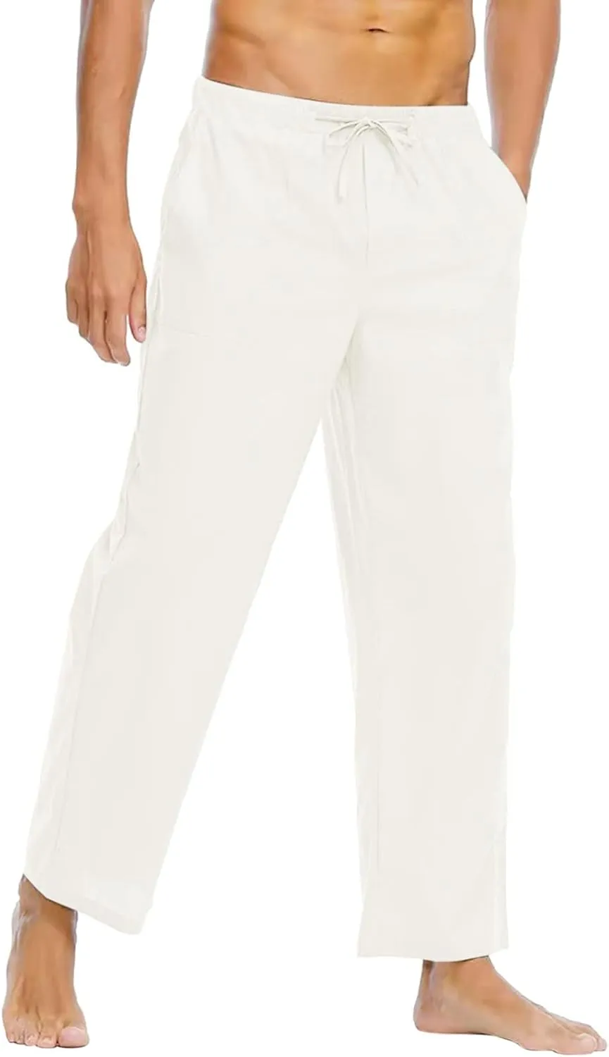 Linen Pants for Men Beach Casual Elastic Waist Summer Beach Pants Lightweight Breathable Yoga Vacation Trousers