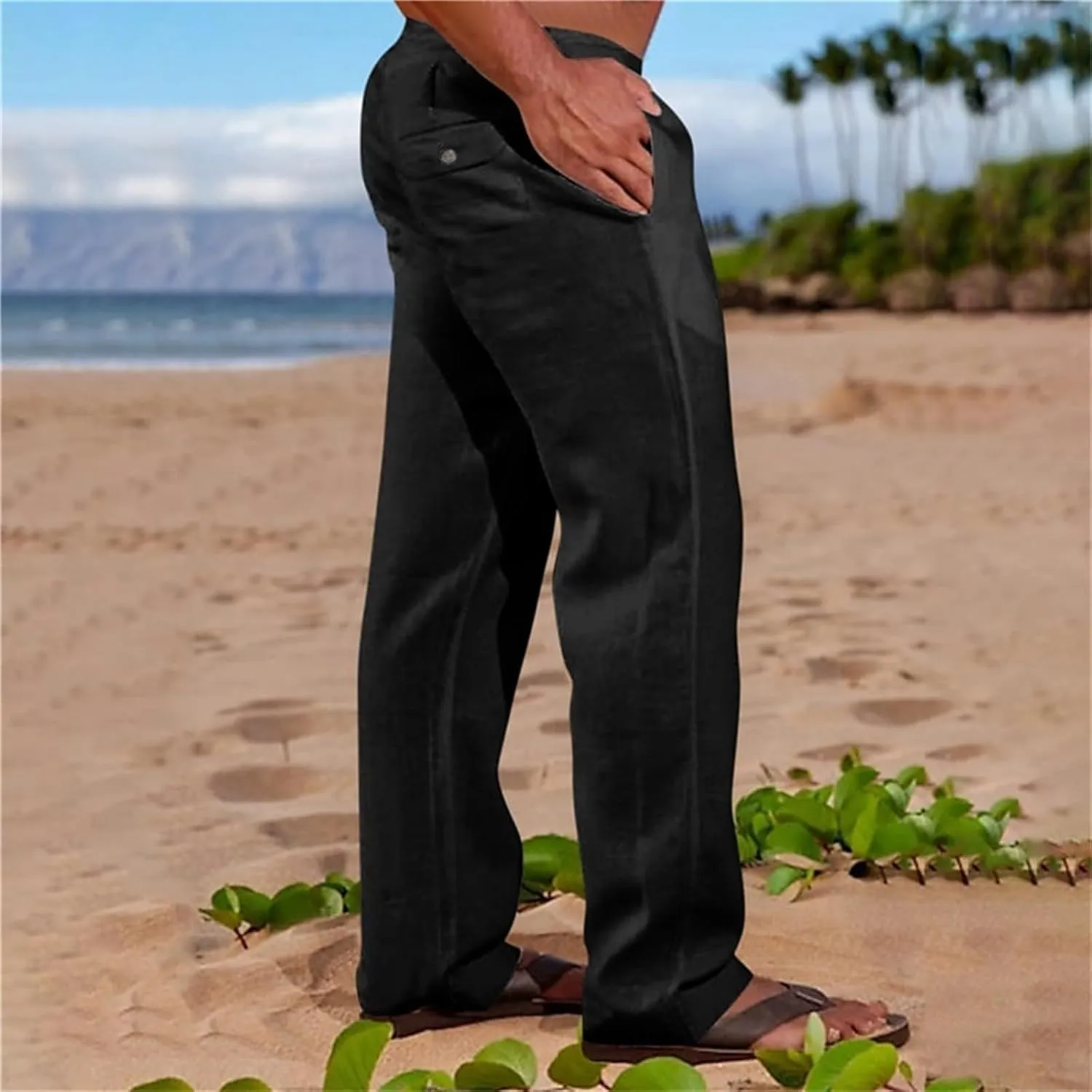 Linen Pants for Men Loose Fit Elastic Drawstring Waist Lounge Beach Pants Summer Casual Straight Leg Dress Trousers