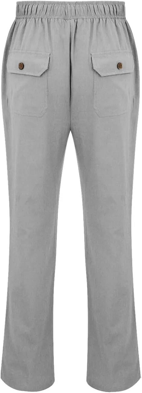 Linen Pants for Men Loose Fit Elastic Drawstring Waist Lounge Beach Pants Summer Casual Straight Leg Dress Trousers
