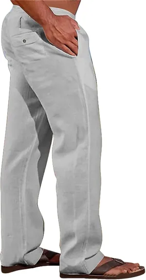 Linen Pants for Men Loose Fit Elastic Drawstring Waist Lounge Beach Pants Summer Casual Straight Leg Dress Trousers